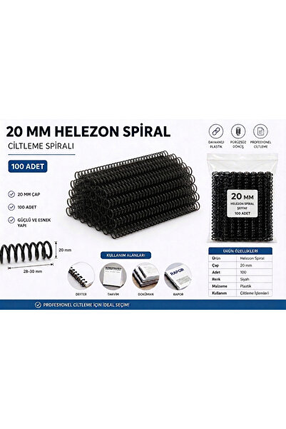 GenelTedarik Helezon Spiral Ciltleme Spirali Siyah (100 Adet) 20 mm 4:1