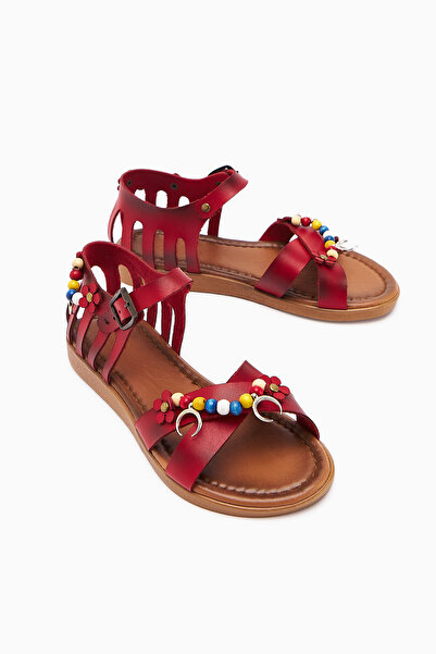 RoseVeno Women's Red Beaded Leather Powder Casual Sandals