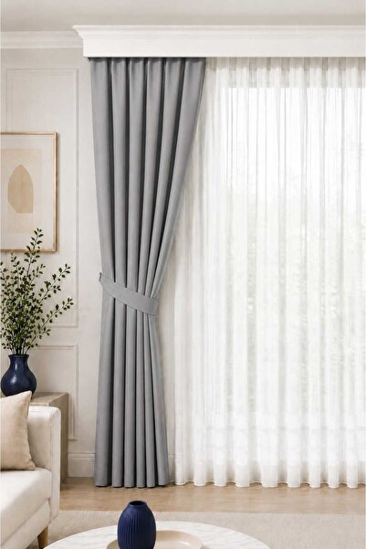 BURCIN HOME 1/3 Frequent Pleated Background Curtain Gray 80X250 cm (260/270 c...