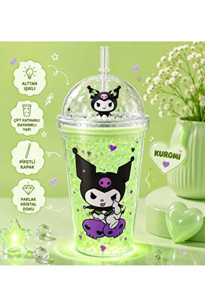PeriMila Kuromi Figürlü Işıklı Pipetli Bardak Çift Cidarlı 450ml