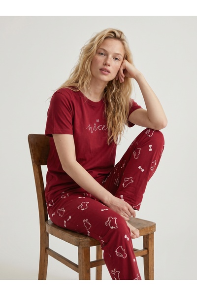DAT Women's Ecru Green Plaid Crew Neck Short Sleeve Pajama Set