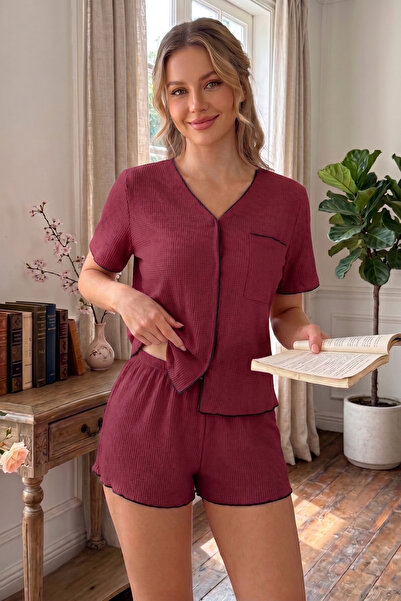 BELLA NOTTE Yavruağzı Short Sleeve V-Neck Pajama Set with Piping Detail