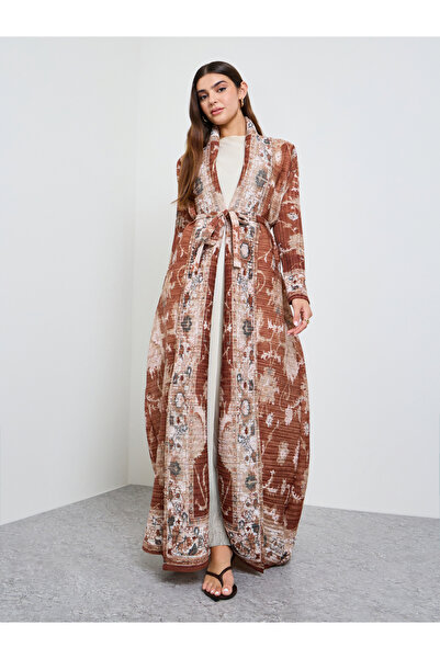 Take Two By Styli Brown All Over Print Plisse Abaya with Tie-Belt