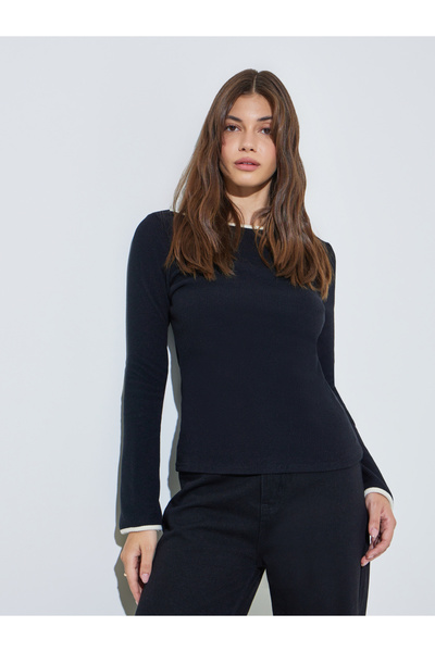 Styli Black Boat Neck Knit Top with Tipping Detail