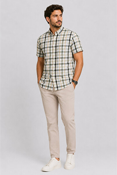 bihan store Men's Collared Buttoned Short Sleeve Plaid Shirt - 6086 - Khaki