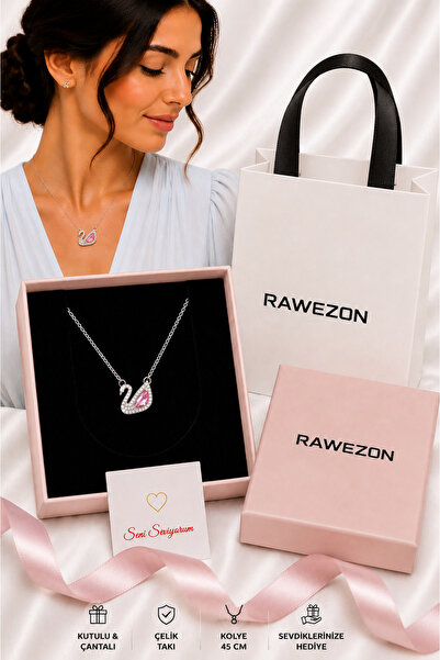 RAWEZON Kutulu Çantalı Çelik Pembe Taşlı Kuğu Kolye - Kadına Sevgiliye Doğum ...