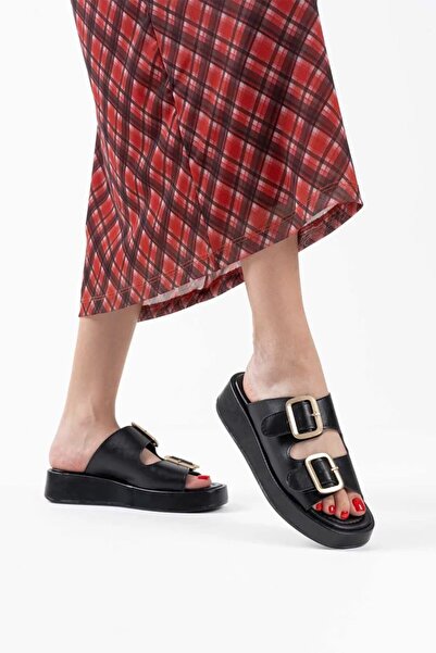 Generic Brand Black leather buckle slippers tr17my01a