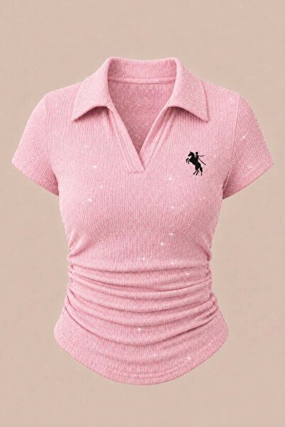 BALİNA Simli Pembe Polo Yaka Fitilli Premium Bluz