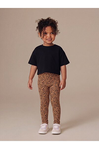 Tinymuyt Kız Çocuk Penye 2'li Takım Crop Tshirt ve Tayt Leopar Kahve