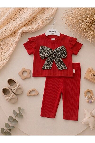 RÜYA KİDS Baby Girl Summer Ribbed Camisole with Bow Capri Length Top and Bott...