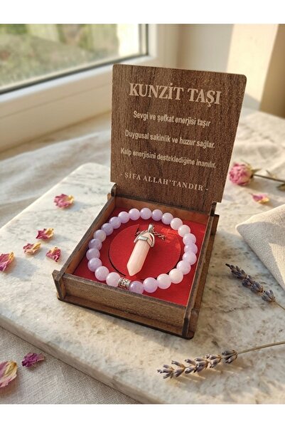 Meneva Aksesuar Kunzite Stone Natural Gemstone Wooden Boxed Necklace and Brac...