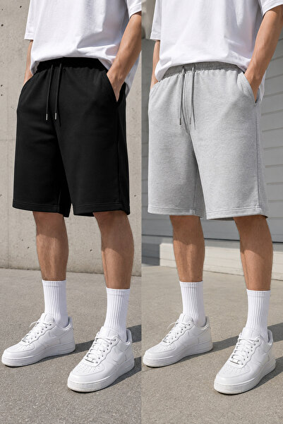 LAUSRA Set de 2 pantaloni scurți pentru bărbați (negru-gri) Set de pantaloni ...