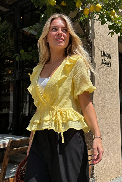 armonika Women's Yellow Double Breasted Collar Ruffle Detailed Short Sleeve T...