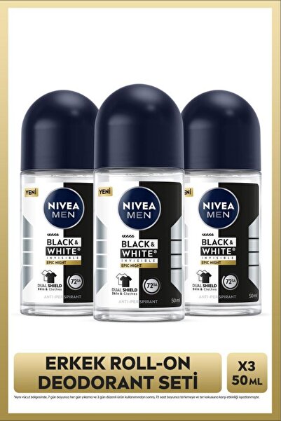 NIVEA MEN Erkek Roll-on Deodorant Black&White Epic Night 50ml, 72 Saat Terlem...