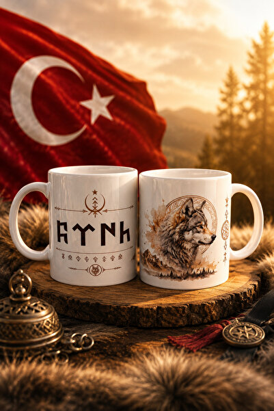 Duxy Bozkurt Mug with Turk Written in Göktürk Letters |   Turkish Motif Porce...