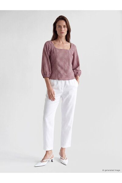 LC Waikiki Lcw Everyday White Women's 100% Linen Trousers with Elastic Waist