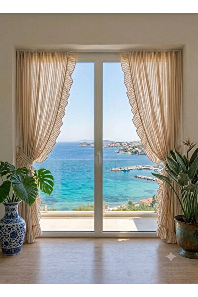 linea natura home Sütlü Kahve 2 Kenar Fırfırlı Vintage Krem Keten Fon Perde T...