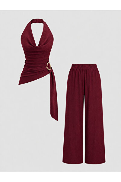 meren like your style Burgundy Halter Neck Top and Bottom Set with Wide Leg P...