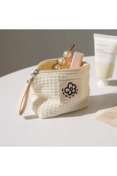 Choice White Cute Little Flower Mini Makeup Bag, Fashionable Simple Waffle Pa...
