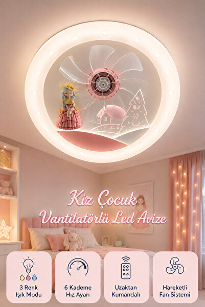 MARS CONCEPT Kız Çocuk Odası Vantilatörlü LED Tavan Avizesi │ Pembe Prenses T...