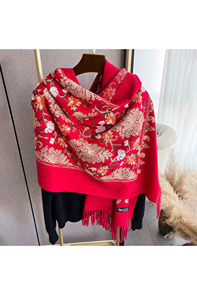 Choice1 Red Winter Fashion Warm Cashmere Scarf for Women Embroidery Pashmina ...