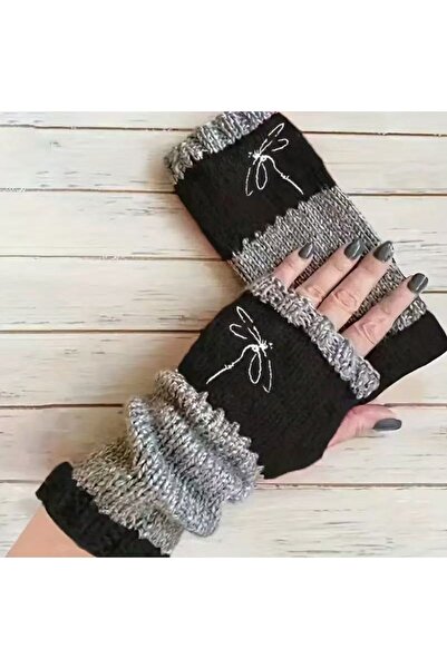 Choice One Size Black Elastic Knit Mittens for Women with Dragonfly Embroider...