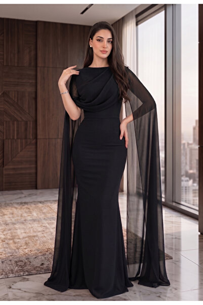 DVNA Elegance Crepe Barbie Dress with Draped Chiffon Scarf by Dvna in Navy Blue