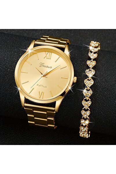 Choice Gold 2pcs/set Golden Fashion Quartz Watch Business Minimalist Steel Ba...