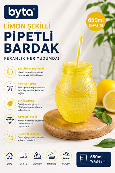 BYTA 650 ml Lemon Shaped Glass Cup with Straw and Lid Cold Drink Cup Bpa Free...
