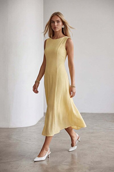 Trend Alaçatı Stili Women's Yellow Crew Neck Midi Length Lined Knitted Dress ...