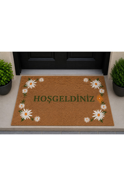 ETÜRKELİ Kapı Önü Paspası Kaymaz Ağır Tabanlı Kenar Papatya Hoş Geldiniz Desen Dekoratif , Kolay Temizlenir (45x70 cm) Kod T11