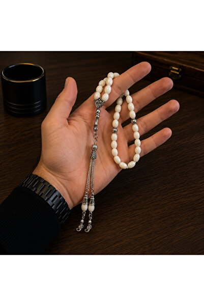 Bk Gift White Oval Prayer Beads – Gift Prayer Beads with Metal Embellished Ta...