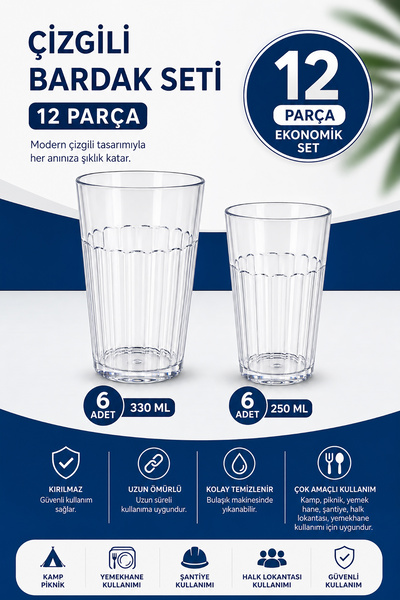 Akyüz Plastik 🥤   Set of 12 Acrylic Unbreakable Water Cups 250+330 ml Campin...