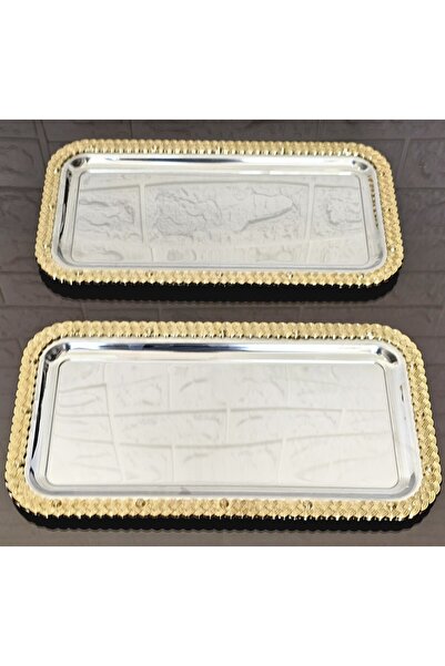 atabey home 2 Adet Baton Hasır Gold-Gümüş Sunum Tepsisi & Kahve & Pasta/Börek...
