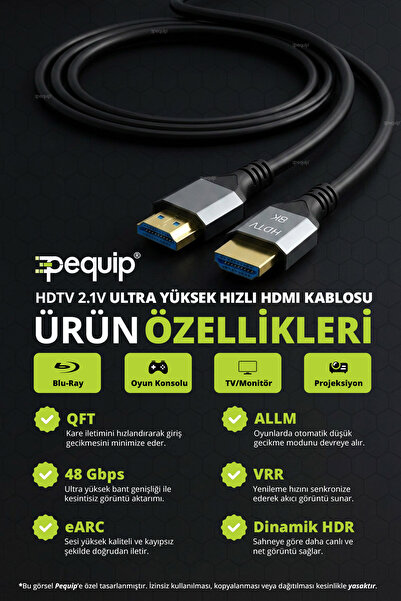 Pequip 2 Metre HDMI 2.1 8K Ultra HD Kablo 48Gbps HDR eARC 4K PS5 Xbox Monitör TV Projektör Dolby Vision Dynamic HDR ARC