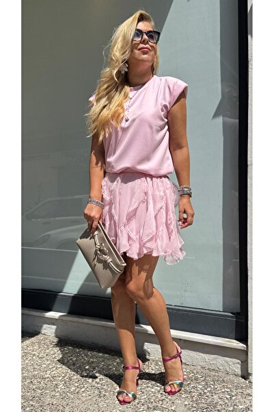 vanillabyilkay PEMBE TÜL VE DANTELLİ MİNİ ETEK