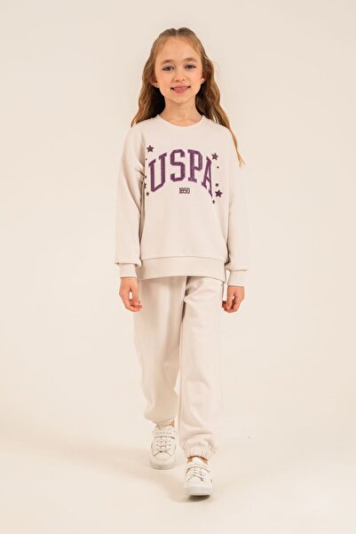 U.S. Polo Assn. طقم رياضي أبيض مطبوع بأكمام طويلة للفتيات US2732-C-V1