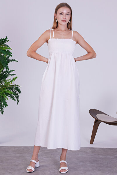 sehatex Cotton Long Summer Women's Dress with Shoulder Straps and Gathered De...