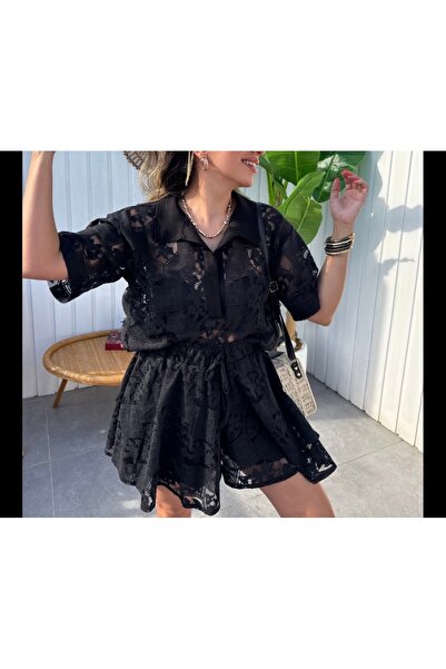 BEBE PLUS Güpür detaylı şort bluz takım (BLUZ ASTARSIZ, ŞORT ASTARLI)
