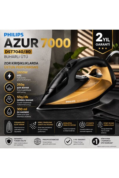 Philips 7000 Serisi Buharlı Ütü, 2800W, 50 g/dk Sürekli Buhar, 250 g Şok Buhar,