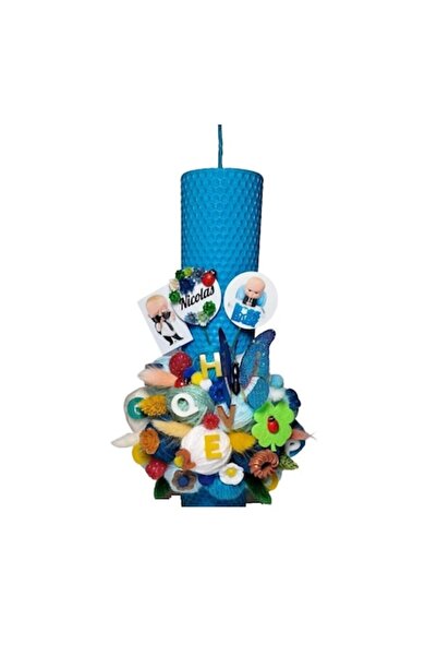 OEM Lumânare tip fagure pentru botezul băiețelului, decorată cu ghemuri de fi...