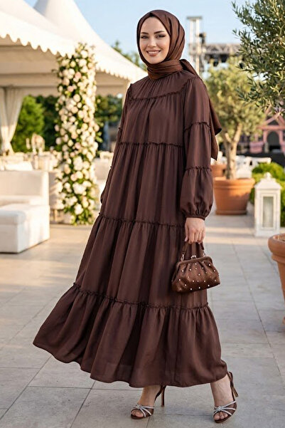 Neva Style Многопластова набрана тъмнокафява рокля хиджаб 40131KKH