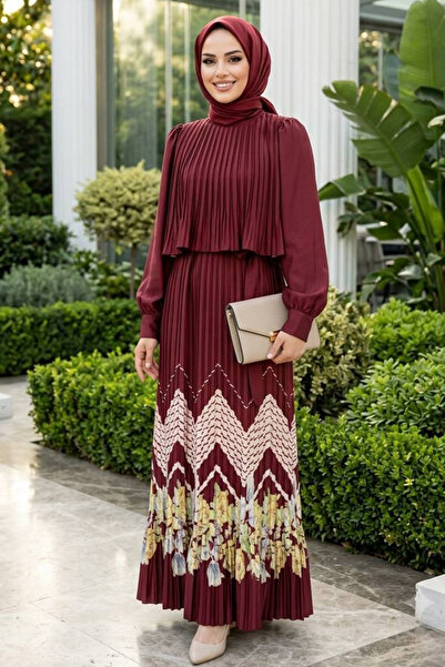 Neva Style Rochie musulmană plisată cu model, din crep satinat, roșu claret î...