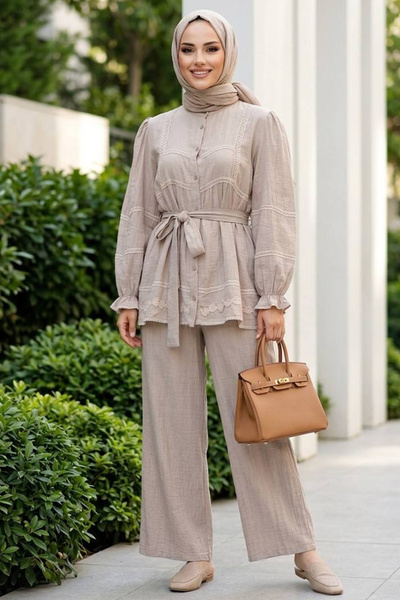 Neva Style Set dublu hijab cu dantelă bej din in 95722BEJ