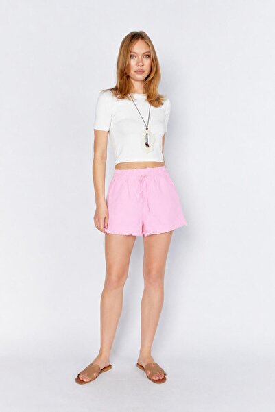 TENA Women's Pink Elastic Waist Tasseled Short Shorts