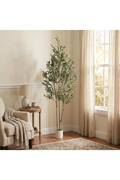SCHENKERO 182cm Potted Double Trunk Artificial Olive Tree, Low Maintenance Fa...