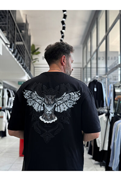 BYBASICMAN Black Hologram Owl Printed Oversize T-Shirt Sw-5160