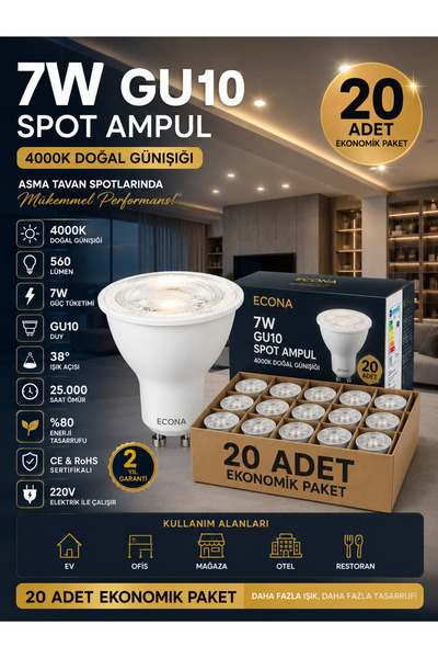 ECONA 20 Adet 7W GU10 LED Spot Ampul 4000K Doğal Günışığı 220V Enerji Tasarru...