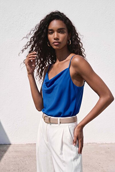 Sateen Strappy Collar Blouse - Sax Blue