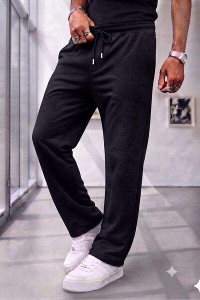CAST COLLECTİON Men's Black Lisbon Straight Wide Leg Sweatpants